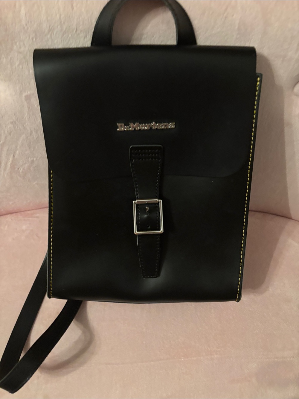 Dr. Martens Black Leather Backpack with Yellow Stitching